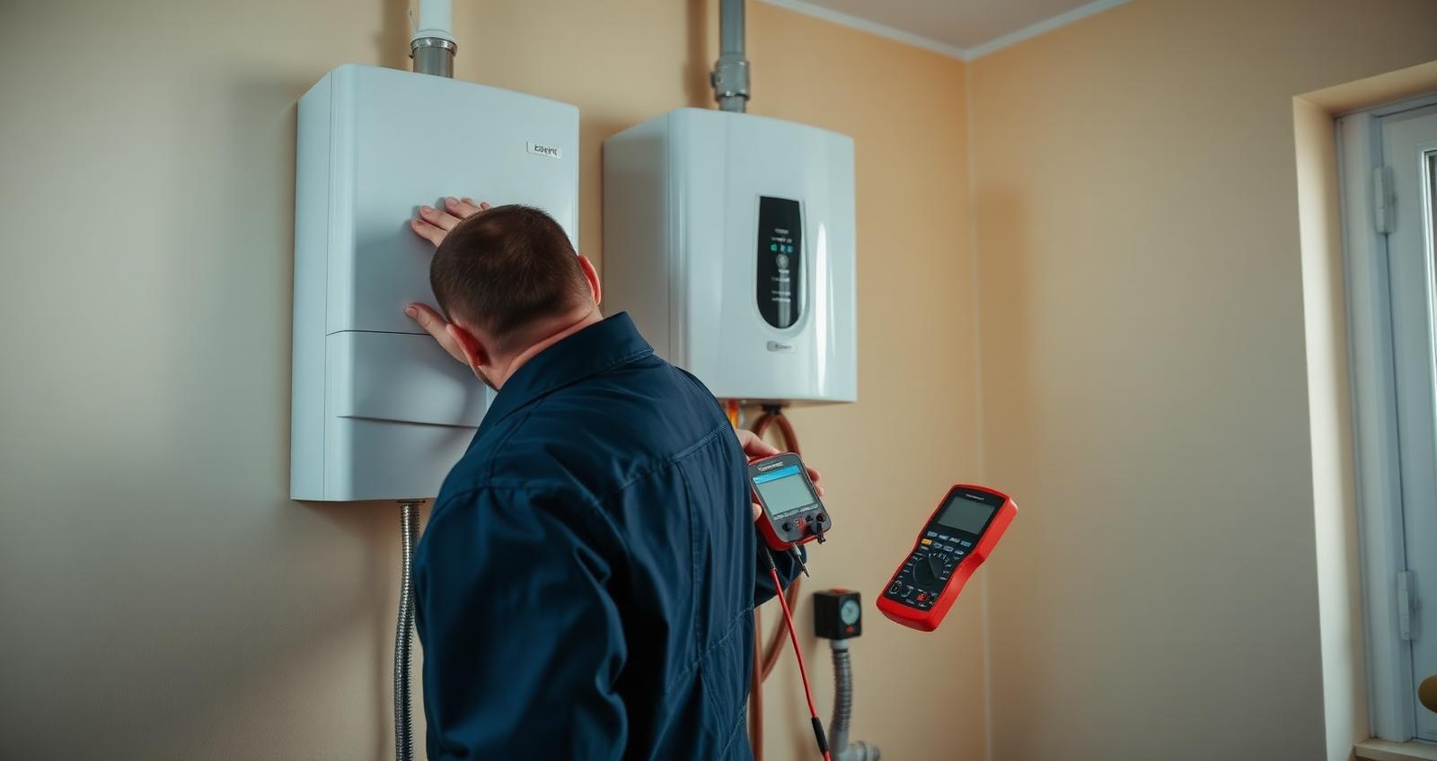 Servisný technik kontroluje nástenný ohrievač vody meracím prístrojom